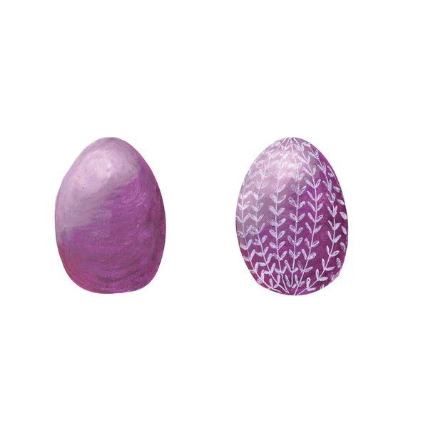 Set Van Twee Gekleurde Violette Eieren Met Wit Ornament Geïsoleerd — Stockfoto