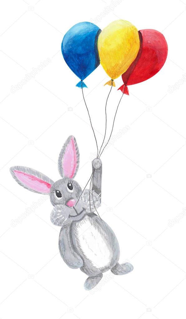 Cute rabbit bunny flying with colorful air baloons on white background. Watercolor gouache hand drawn illustrations in cartoon style. Greeting post card design for easter, happy birthday, gift
