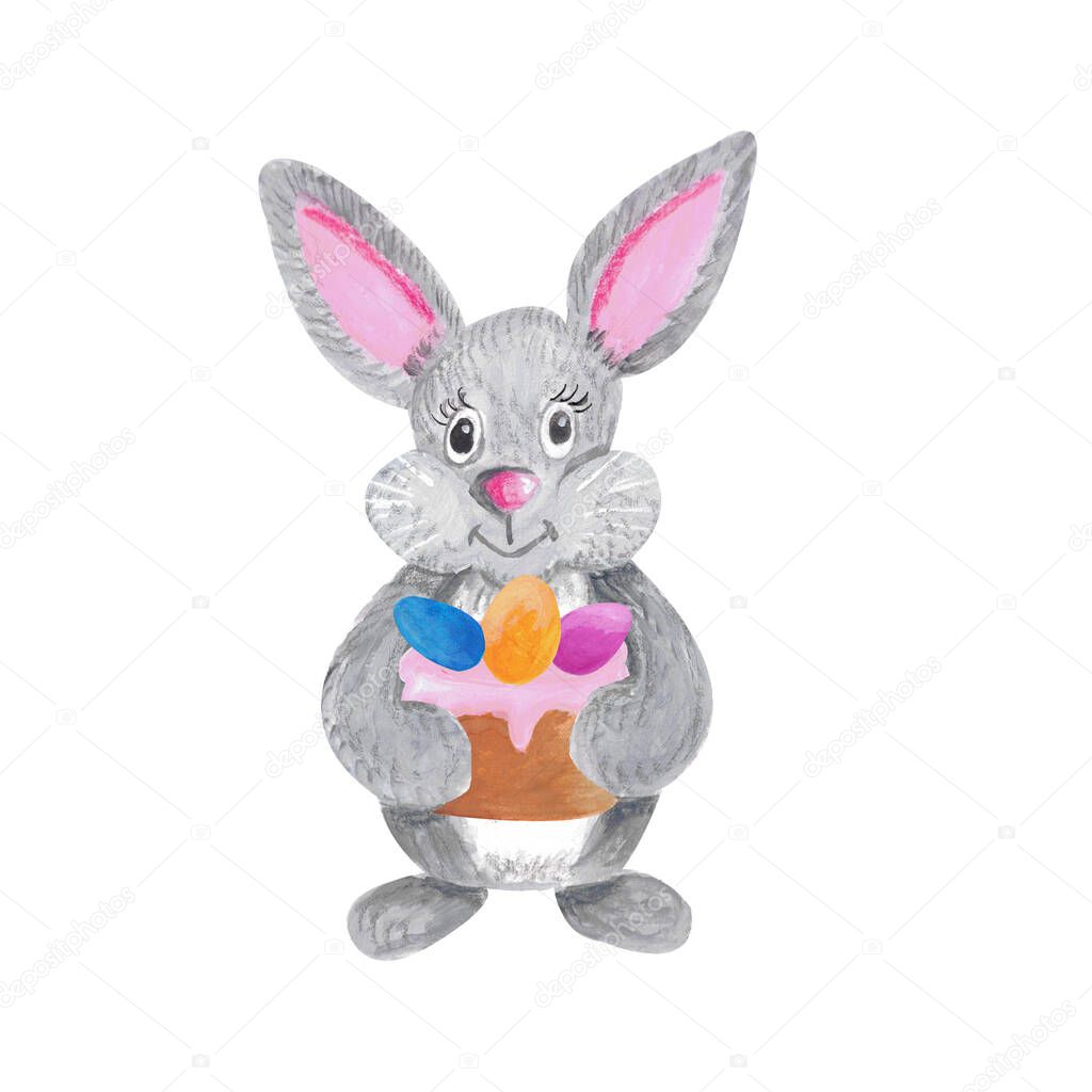 Rabbit bunny with baked cake with colored eggs in hands isolated on white. Watercolor gouache hand drawn illustration in cartoon style. Concept of greeting post card, celebration, design for flyer