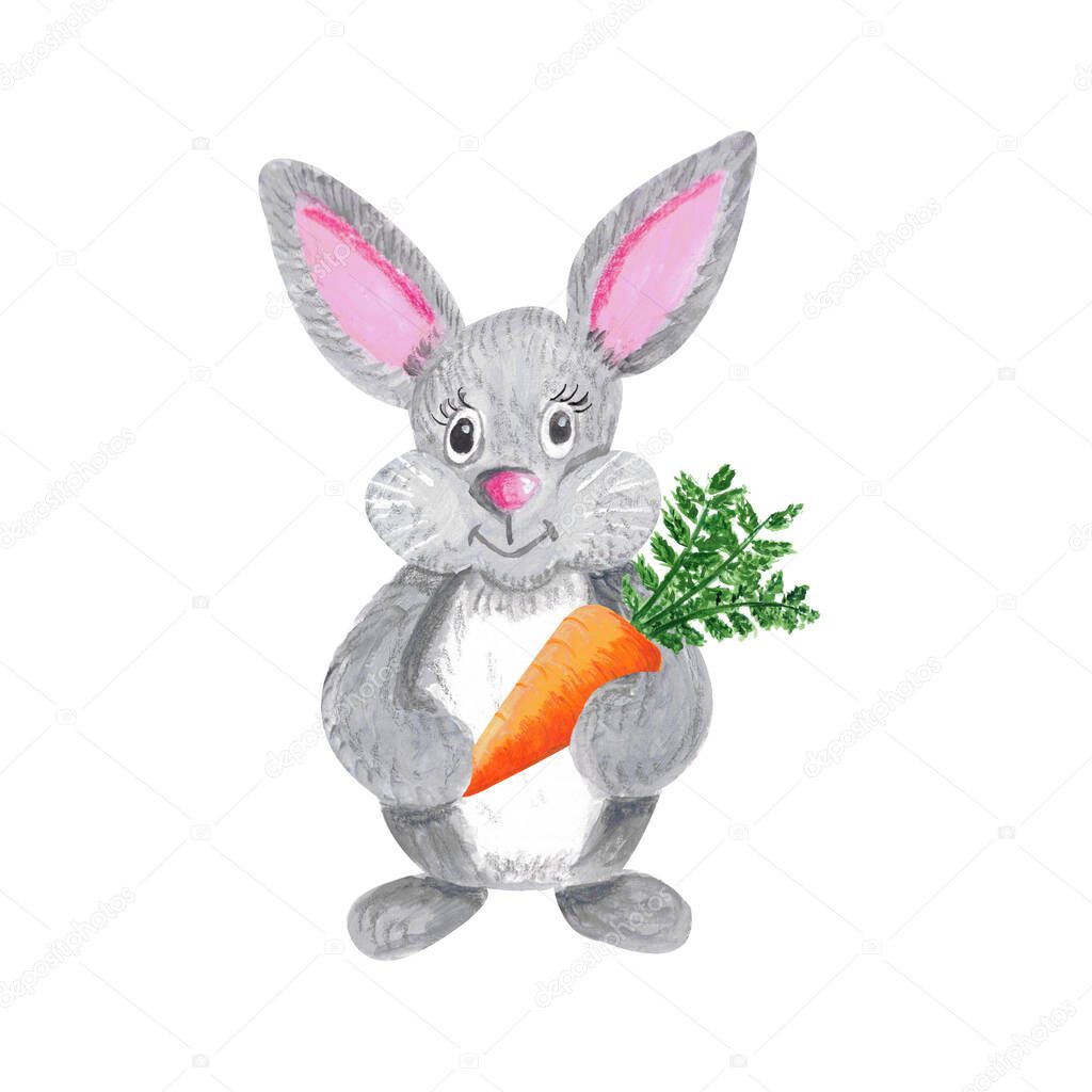 Cute bunny rabbit with sweet carrot in hands isolated on white. Watercolor gouache hand drawn illustration. Character for easter greeting post card, healthy lifestyle, wildlife, children