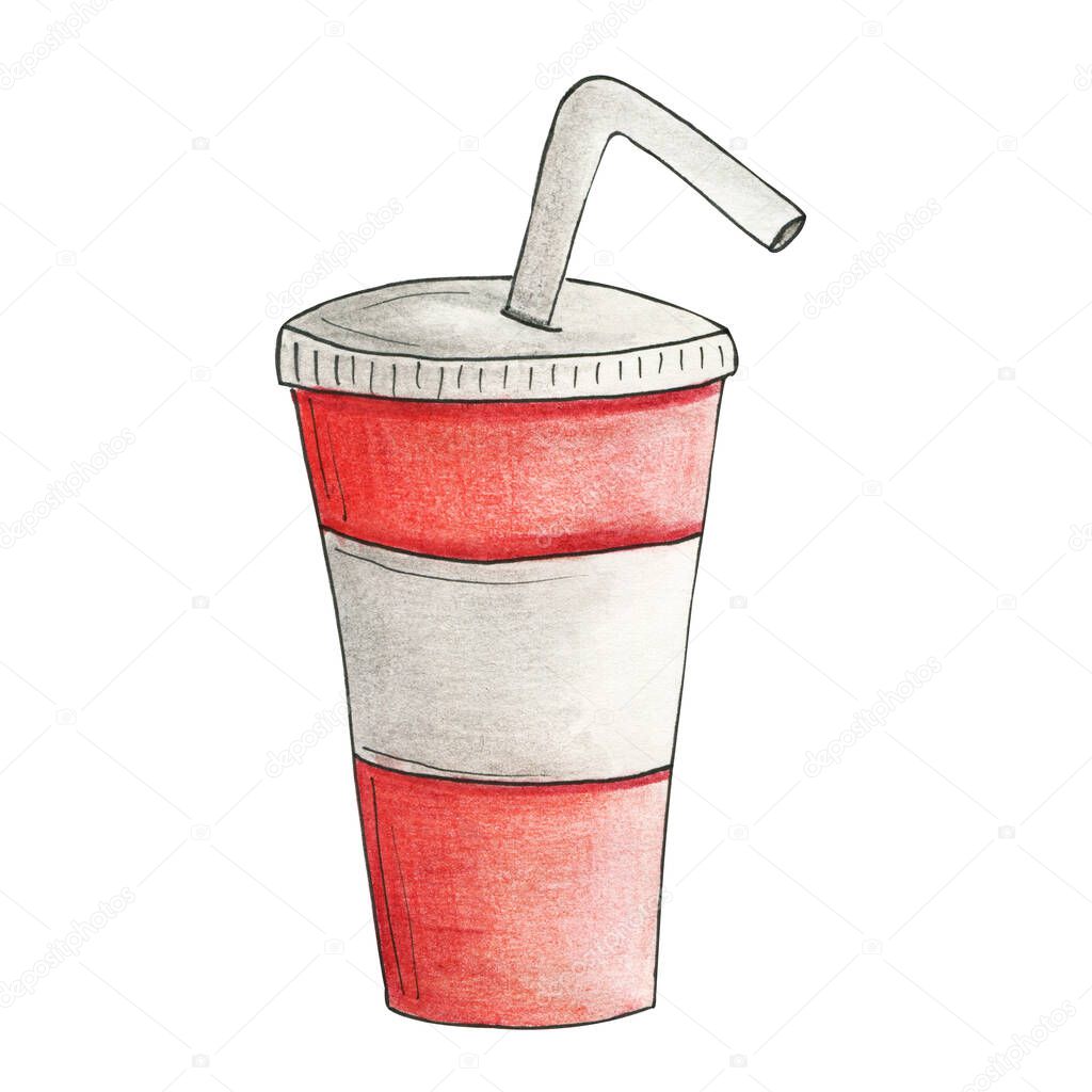 Disposable plastic carton red cup with tube for drinks - water, juice, soda, Watercolor hand drawn illustration in cartoon realistic style isolated on white. Element of cinema, beverage, take and go