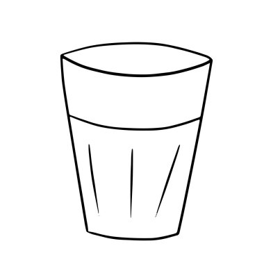 Beyazın üzerinde izole edilmiş bir şekilde içmek için basit bir boş bardak. Çizgi film karalama tarzında vektör illüstrasyonu. Masaya servis yapmak için bulaşık unsuru. Alkol, içki, susuzluk kavramı