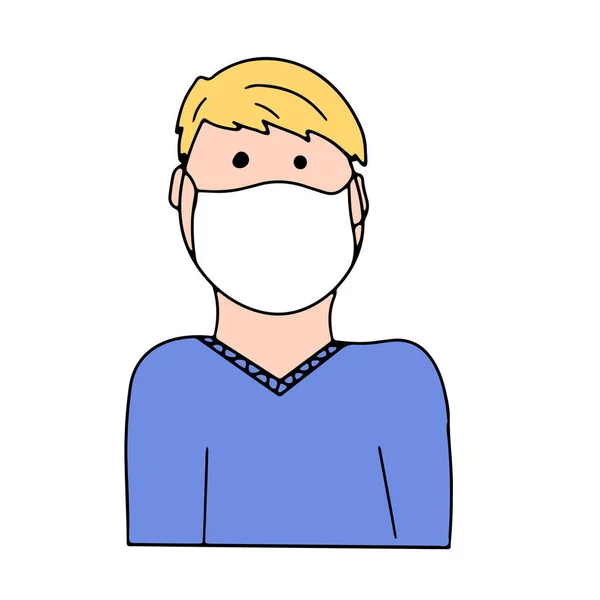 Ill Man Met Medisch Masker Blauw Shirt Geïsoleerd Witte Achtergrond — Stockvector