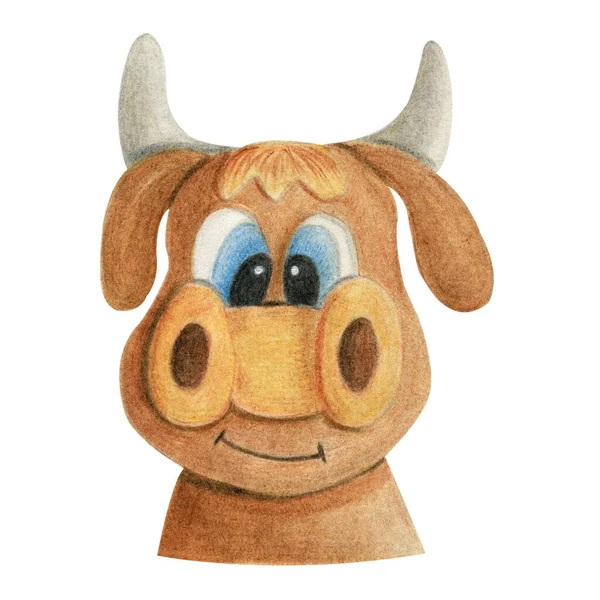 Cute Brown Bull Blue Eyes Horns Character Isolated White Background — Stock Photo, Image