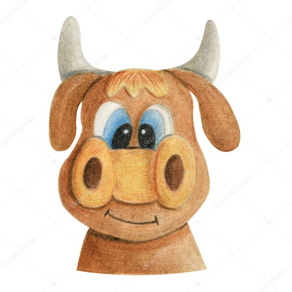 Cute brown bull with blue eyes and horns character isolated on white background. Watercolor colored pencils hand drawn illustration in cartoon children style. Concept of agriculture, new year 2021