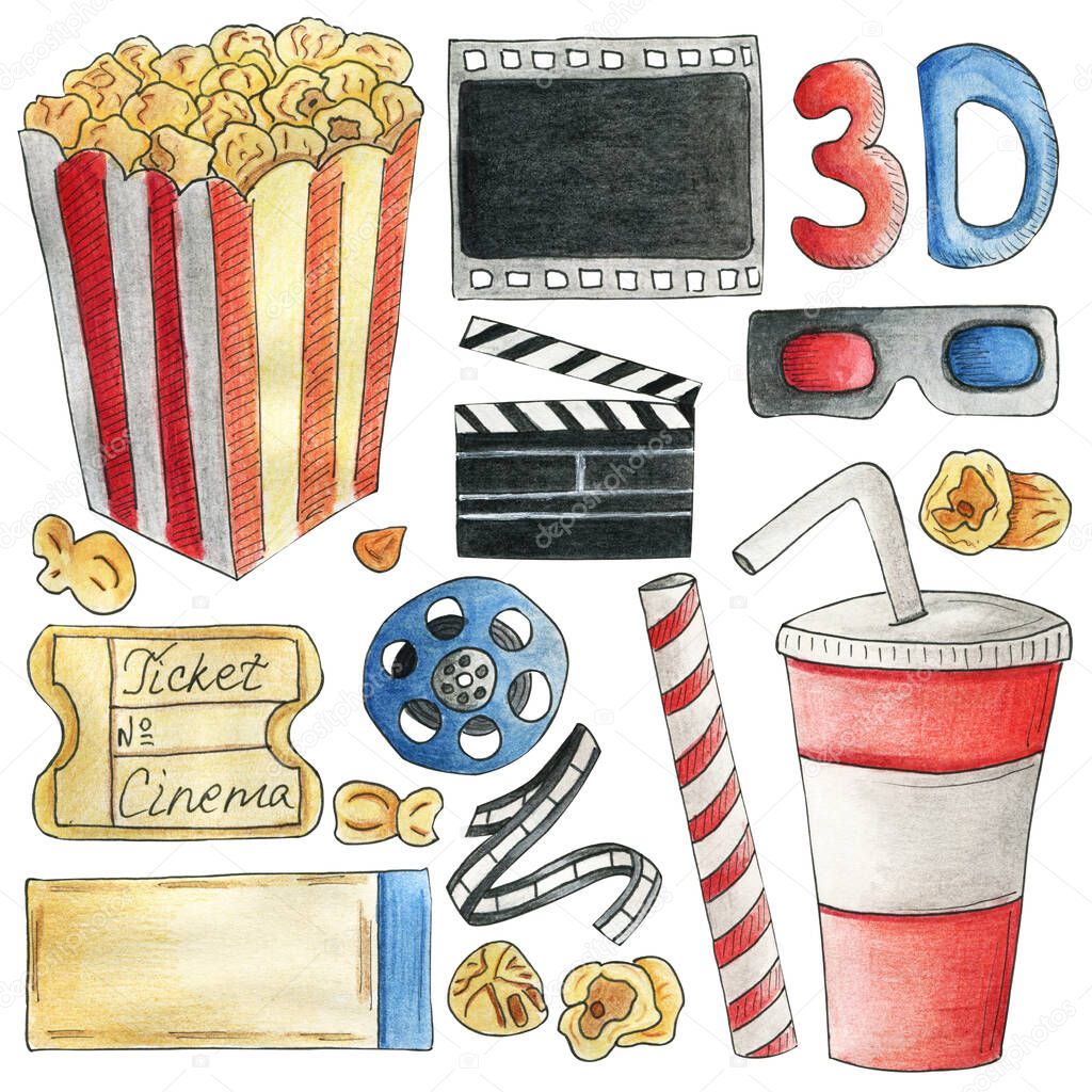 Set of colorful cinema equipment for movie and cartoon watching. HAnd drawn watercolor illustration in cartoon style. Red, blue, yellow. Popcorn, tickets, film, bobbin, drink, soda, clapper 3d glasses
