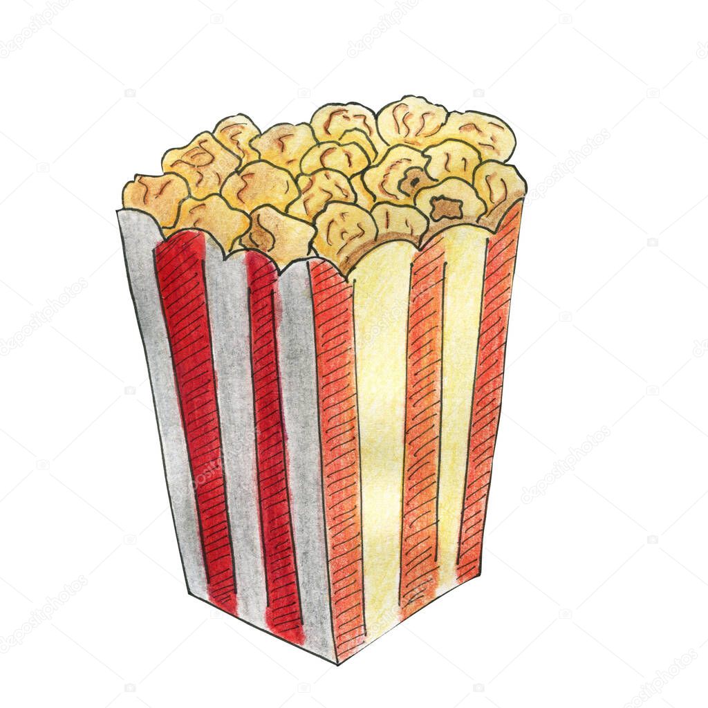 Red striped cartonboard box with popcorn isolated on white background. Hand drawn watercolor illustration in cartoon style. Concept of cinema, movie watching, tasty snack, delicious corn, home leisure