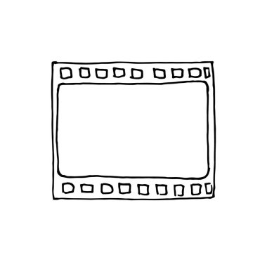 Negatif film beyaz arkaplanda izole edildi. Çizgi film karalama tarzında basit vektör çizimi. Film kavramı, slaytlar gösterimi, retro nesneler, fotoğrafçılık, film izleme, ev