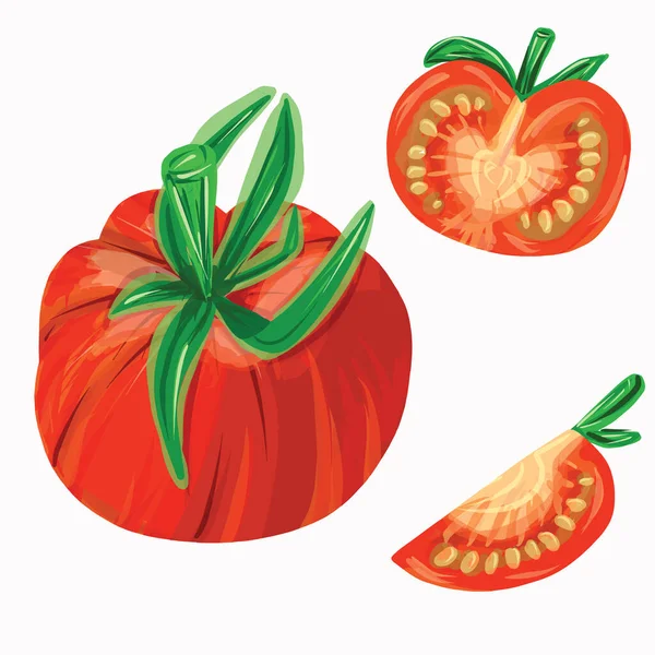 Ensemble Légumes Tomates Rouges Frais Savoureux Tranches Isolées Sur Fond — Image vectorielle