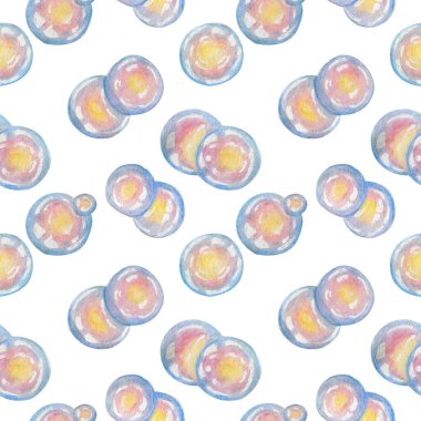 Renkli sabun köpükleriyle kusursuz desen beyaz arka planda köpükler. Gerçekçi çizgi filmle suluboya el çizimi. Çocukluk kavramı, çocuklar, eğlence, eğlence, mutluluk, çamaşır, duş.