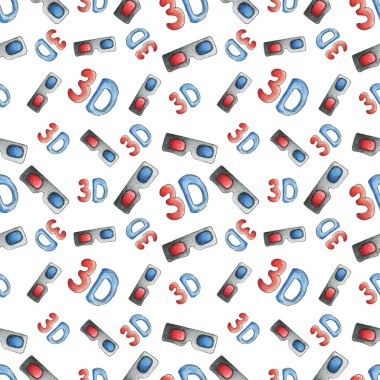 Kusursuz desenli, beyaz arka planda 3D gözlüklü, kırmızı ve mavi renkli. Çizgi film tarzında suluboya el çizimi. Sinema, 3 boyutlu film ve çizgi film izleme kavramı, teknoloji.