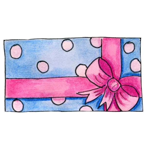 Τυλιγμένο Μπλε Ροζ Κουκκίδες Δώρο Χαρτονένιο Κουτί Διακοσμημένο Κορδέλα Και — Φωτογραφία Αρχείου