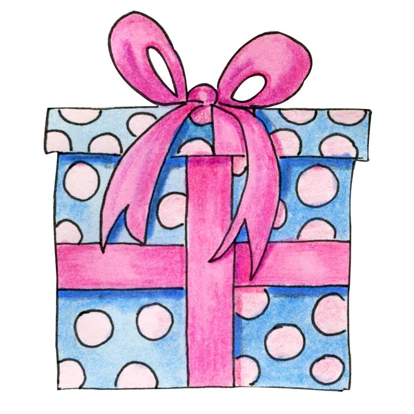 Wrapped Blue Pink Spots Gift Cardboard Box Decorated Ribbon Bow — Stock Photo, Image