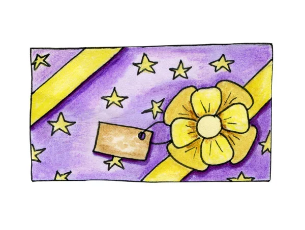 Wrapped Violet Box Yellow Ribbon Bow Stars Isolated White Watercolor — Stock Photo, Image