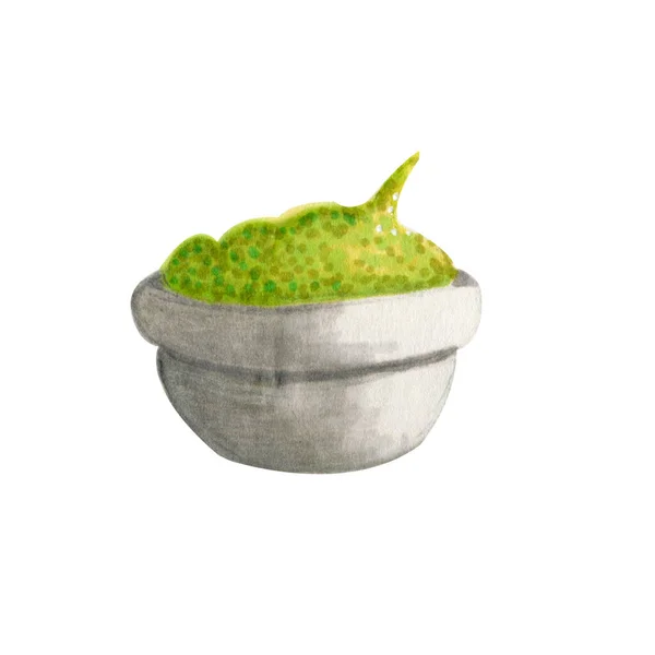 Guacamole Wasabi Verde Sause Tazón Cerámica Blanca Marcadores Acuarela Ilustración —  Fotos de Stock
