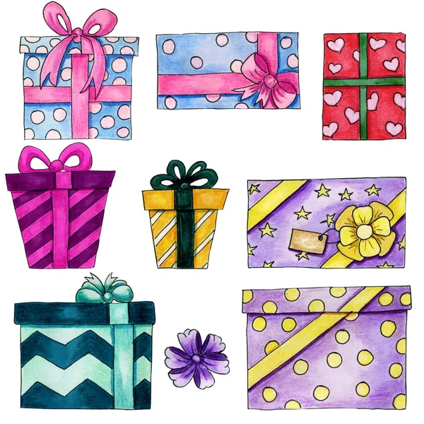 Set Colorful Wrapped Cardboard Gift Boxes Decorated Ribbon Bow Watercolor — Stock Photo, Image