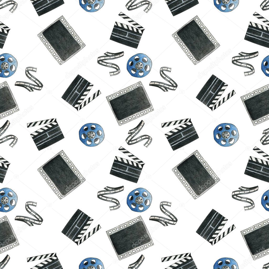 Seamless pattern made of watercolor hand drawn illustrations of film, bobbin, movie, disk, filmstrip in black, blue and white colors on white background. Concept of cinema, home recording, movies