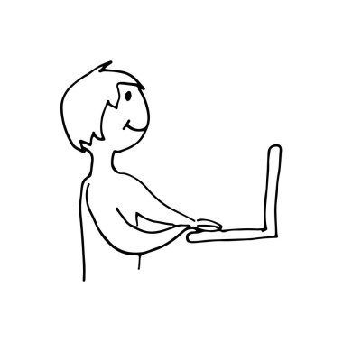 Adam kişisel bilgisayarda çalışıyor. Çizgi film karalama tarzında basit vektör çizimi. Uzaktan çalışma, eğitim, çevrimiçi alışveriş, iletişim, kurye kullanma kavramı