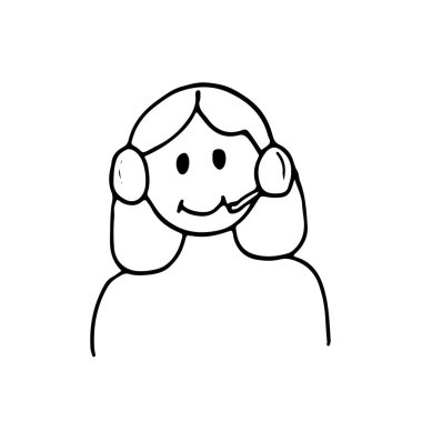 Kulaklıklı, mikrofonlu bir kadın. Çevrimiçi psikolojik danışmanlık, alışveriş müdürü, çağrı merkezi, 24 saat yardım. Çizgi film çizim tarzında basit vektör çizimi.