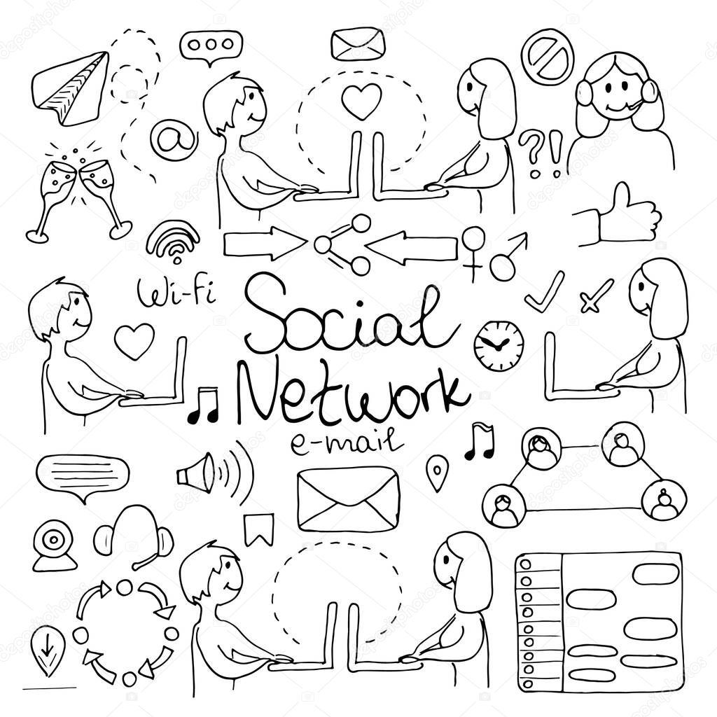 Simple illustrations of social networks, online communication, work from home, distant education, freelancer, shopping, delivery, relations, call center. Vector illustrations in doodle outline style.