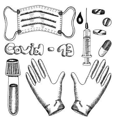 Covid-19 salgını için tıbbi malzeme seti. Beyaz arkaplanda izole edilmiş vektör çizimleri. Lateks eldivenler, cam tüp, boşta kalan şırınga, kan, maske, hap, kapsül, aşı
