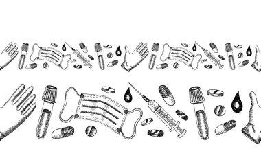 Siyah tıbbi ekipman maskesi, tek kullanımlık eldiven, şırınga, hap, kapsül, aşı konsepti. Ve gerçekçi bir şekilde çizilmiş vektör çizimi. İlaçlar, salgın hastalıklar, eczane