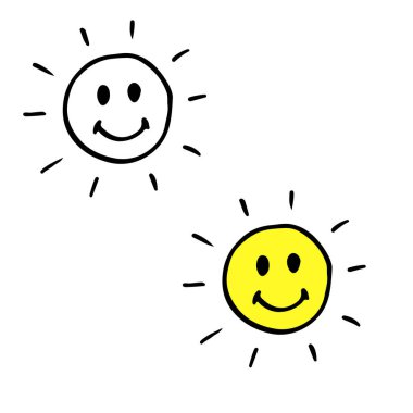 Beyaz arka planda izole edilmiş mutlu balçık şekilli karalama güneşi. Çizgi film tarzında elle çizilmiş vektör çizimi. İyi hava, hava tahmini, yaz, sahil, deniz kenarı, yüzme, tatil kavramı