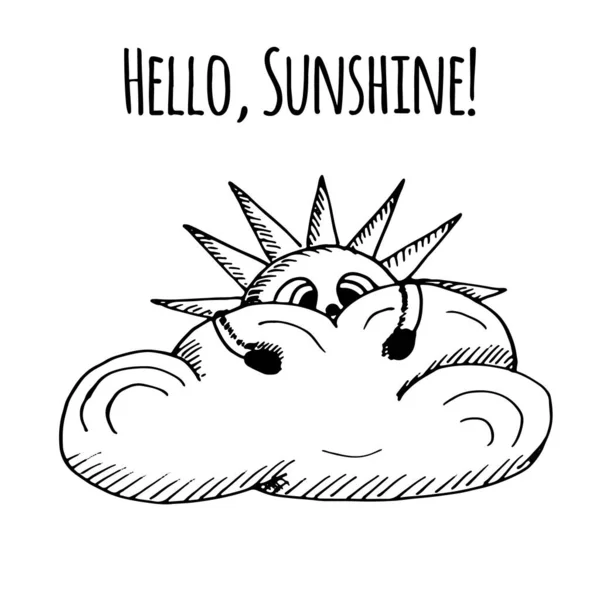 Hello Sunshine Sun Cute Character Holding Cloud Concept Sunset Summer — Stock Vector