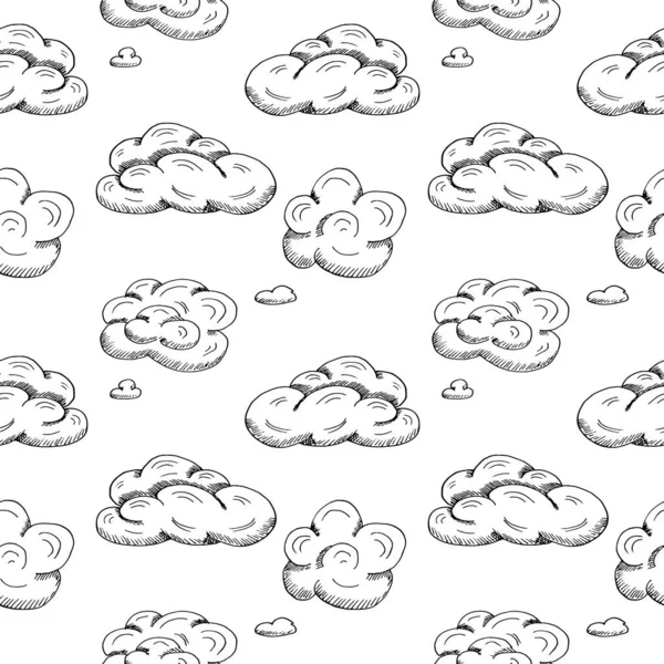 Seamless Pattern Different Clouds Isolated Nwhite Background Hand Drawn Vector — Stock Vector
