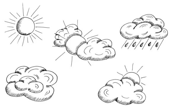 天气状况 雨天的演变 晴朗的天空和阳光 手绘矢量图以草图的写实主义风格 夏季概念 — 图库矢量图片
