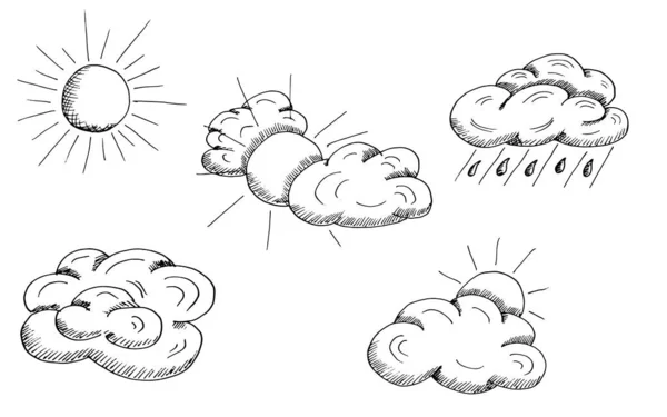 気象条件 雨の天気の進化 明るい空と太陽 手描きのベクトルイラストをスケッチリアルなスタイルで 夏の概念 — ストックベクタ