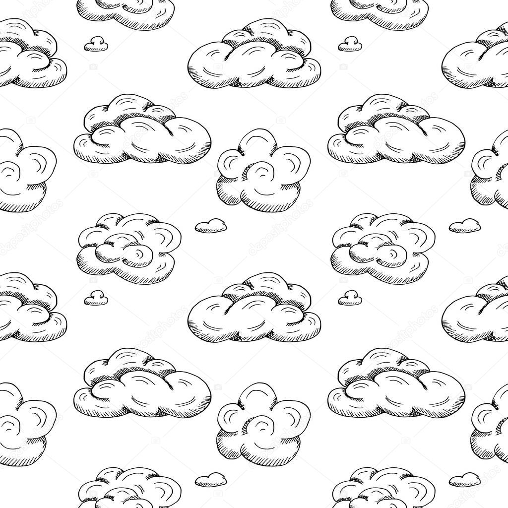 Seamless pattern with different clouds isolated o nwhite background. Hand drawn vector illustration in realistic style. Light sky wallpaper. Concept of dreams, weather, forecast, inspiration, freedom