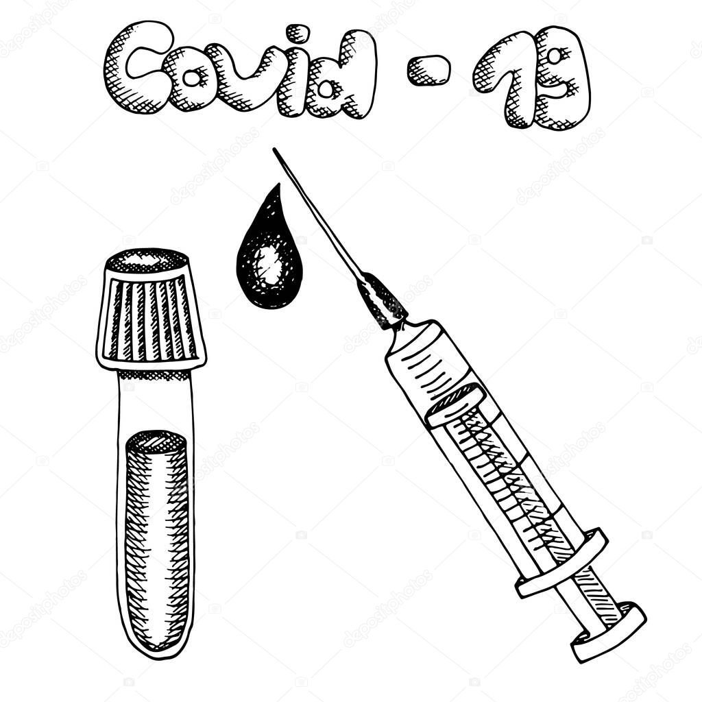 Medical glass tube vacutainer with syringe and blood drop isolated on white background. Covid-19 lettering. Hand drawn sketch illustration in outline style. Concept of coronavirus vaccine discovery