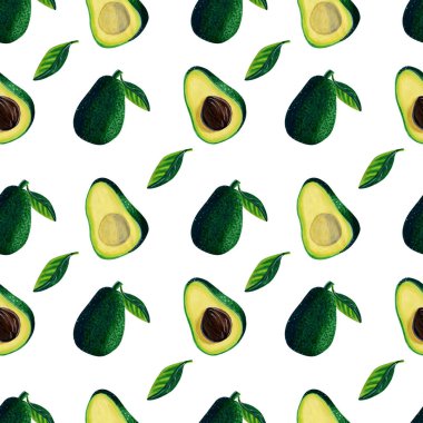 Beyaz arka planda taze avokado sebzesi ve pürüzsüz desen. Suluboya işaretleri gerçekçi bir şekilde çizilmiş. Vejetaryenlik kavramı, sağlıklı yaşam tarzı, diyet, uygun beslenme.