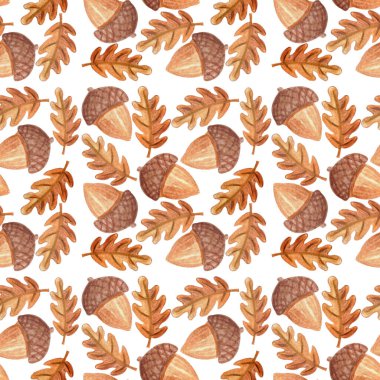 Kahverengi meşe yaprakları ve meşe palamudu ile kusursuz desen. Suluboya elle çizilmiş gerçekçi karikatür tarzı. Merhaba sonbahar, hasat, mantar arayışı, orman, altın doğa