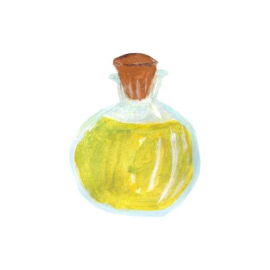 Cam şişe ve ahşap kork ile kenevir yağı. Güzellik ve sağlıklı cilt için kozmetik aletleri. Suluboya el resmi gerçekçi bir şekilde çizilmiş..