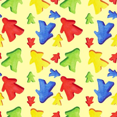 Suluboya el çizimleri, rengarenk meeplleri olan kusursuz desenler - masa oyunlarının unsurları. Oyun mağazaları ambalaj, ambalaj kağıdı, tekstil, kıyafet, duvar kağıdı için dekorasyon