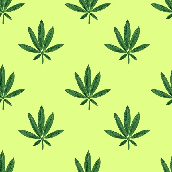 Seamless Pattern Cannabis Leaves Green Background Watercolor Gouache Illustration Decoration — Stock Photo, Image