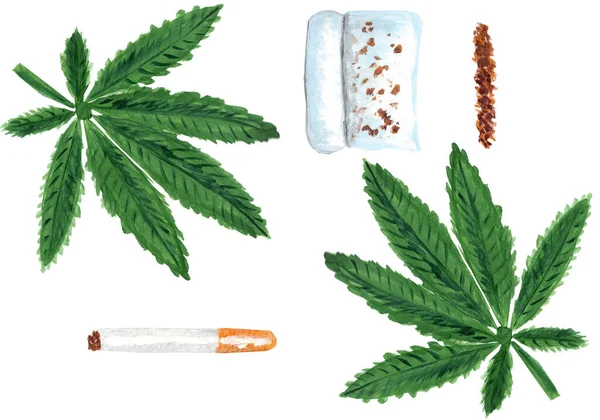 Set Marihuana Cannabisbladeren Met Handgemaakte Sigarettenrol Sigaret Aquarel Gouache Met — Stockfoto