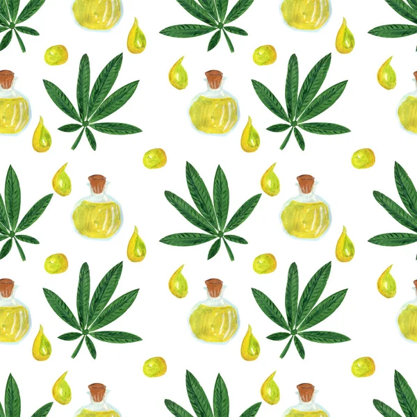 Seamless pattern with cannabis leaves and oil. Watercolor gouache hand drawn illustration in realistic style. Concept of cosmetics skin care production, cooking, drugs and business