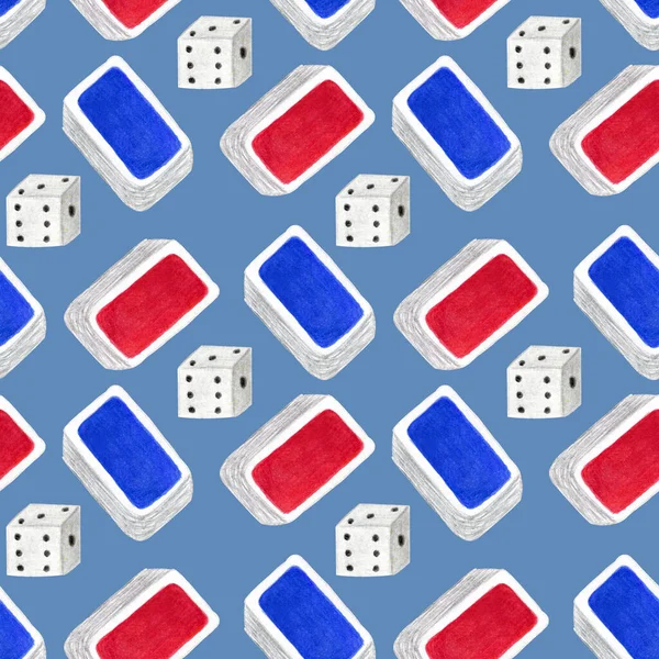 Seamless pattern with dices and deck of cards of blue and red colors. Watercolor hand drawn illustrations on blue. Decorations for casino, board games, wrapping paper, wallpaper, textile