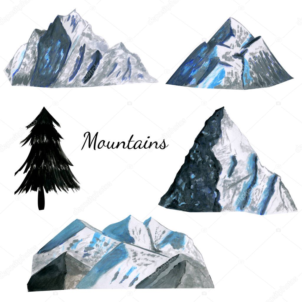 Set of high mountains covered with snow in grey and vlue colors. Watercolor gouache hand drawn illustrations in realistic cartoon style. Concept of travelling, tourism, climbing, camping, alpinism