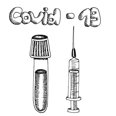 Tıbbi cam tüp boş şırınga ve kan damlası ile beyaz arka planda izole edilmiş. Covid-19 harfleri. Taslak şeklinde el çizimi çizimi çizimi. Koronavirüs aşısı keşfi kavramı
