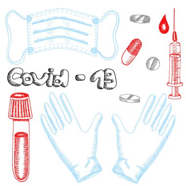 Covid-19 salgını için tıbbi ekipman seti. Beyaz arkaplanda izole edilmiş vektör çizimleri. Lateks eldivenler, cam tüp, boşta kalan şırınga, kan, maske, hap, kapsül, aşı