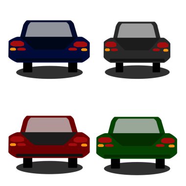 Arka bagaj vagonları. Sedan otomobil gri, mavi, kırmızı ve yeşil renkler beyaz arka planda izole edilmiş. Sürüş, öğrenme, taksi, iletişim. Çizgi film tarzında vektör illüstrasyonu.