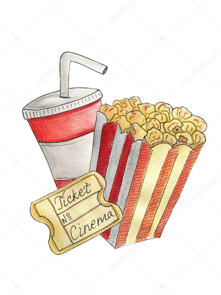 Take and go. Disposable red cup for drink, soda, water, juice, cardboard striped box with popcorn. Paper ticket for cinema theater. Open air and car movie watching in the park. Entertainment, leisure