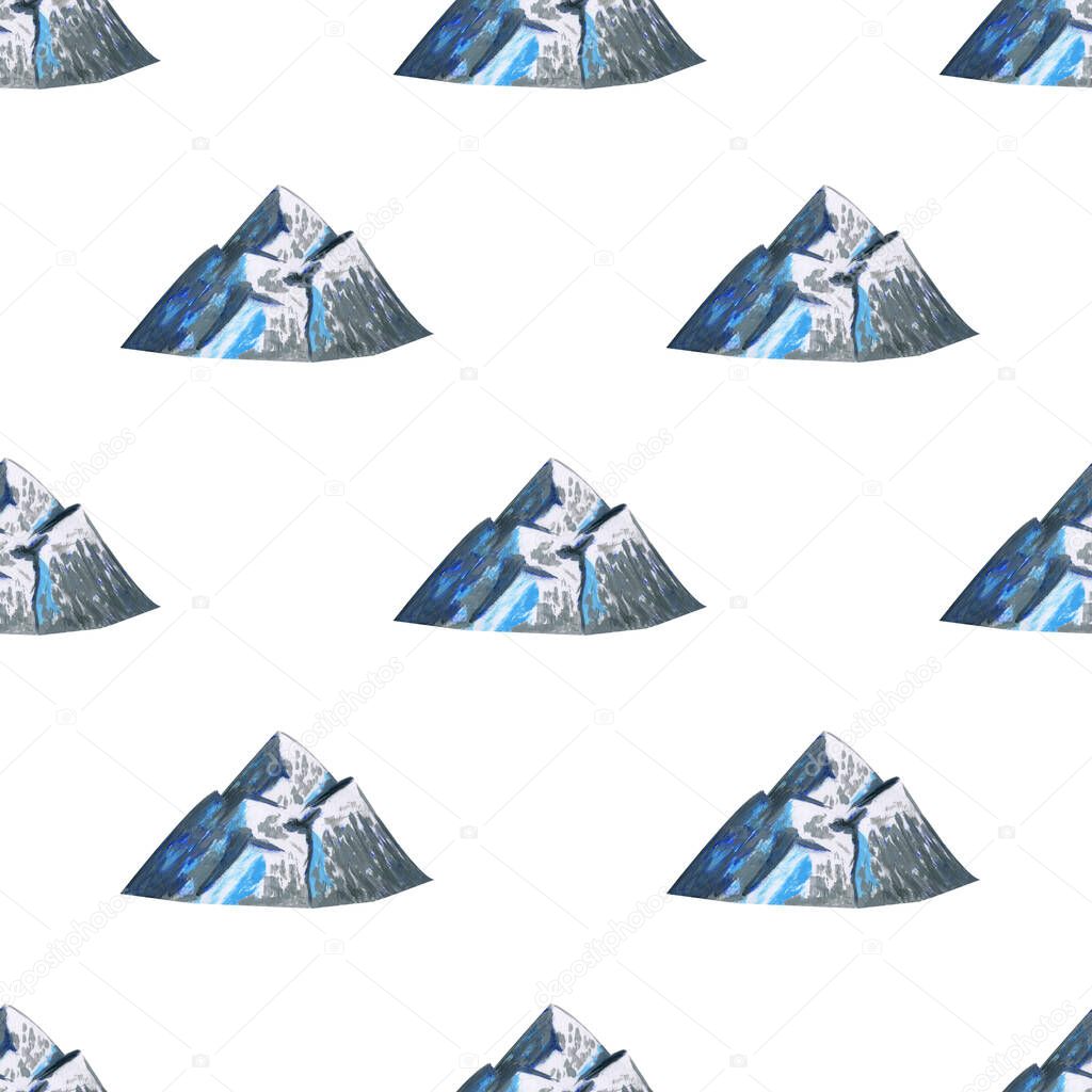 Seamless pattern with grey and blue mountains isolated on white background. Watercolor gouache hand drawn illustration in cartoon realistic style. Concept of climbing, nature, hiking, skiing