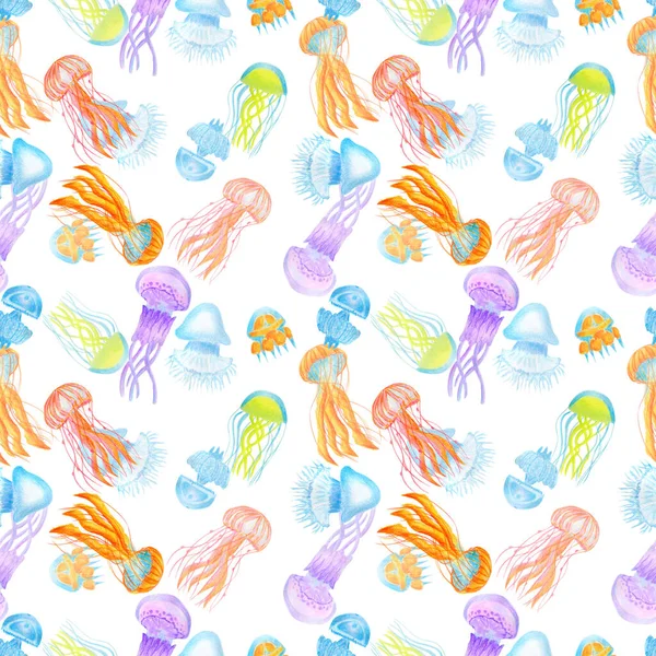 Seamless pattern with colorful jellyfish on white background. Watercolor hand drawn illustration in realistic style. Deep sea, ocean, underwater life. Concept of summer, diving, oceanarium, vacation