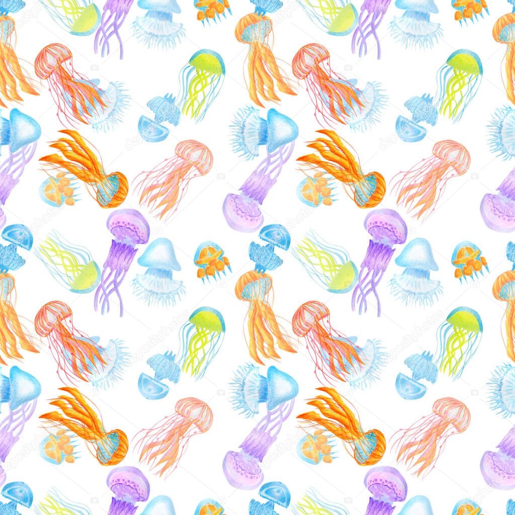 Seamless pattern with colorful jellyfish on white background. Watercolor hand drawn illustration in realistic style. Deep sea, ocean, underwater life. Concept of summer, diving, oceanarium, vacation