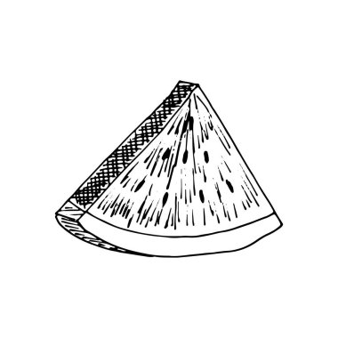 Beyaz arka planda izole edilmiş taşları olan karpuz üçgen dilimi. Çizim çizimi tarzında vektör el çizimi. Yaz tatili kavramı lezzetli ve taze meyve, diyet, vejetaryenlik, sağlık